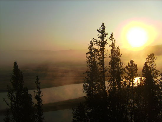 Wunderbare Morgenstimmung im Yellowstone - Temperatur um den Gefrierpunkt!