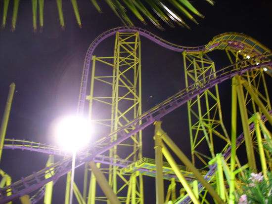 Alle Fotos wurden von außerhalb des Parkes gemacht, weil wir nicht die Gefahr des Kameraverlustes eingehen wollten. Diese Bahn sind wir als Letztes gefahren. Dabei fällt man am Rücken liegend, kopfüber diesen senkrechten Drop runter. Danach hat es dann auch gereicht! 