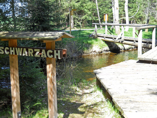 Der Fluss Schwarzbach begleitet einen Teil des Aufichtensteges im Nationalpark Bayerischer Wald (Spiegelau, Niederbayern).