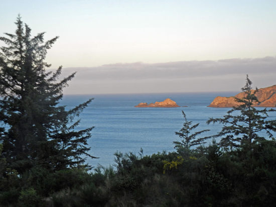 Blick aus unserem Hotelfenster in Port Orford - Nebel liegt über dem Pazifik