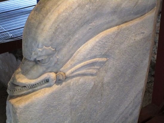 Im Bereich der archäologischen Stätte findet sich auch ein kleines Antiquarium. Die ist eine kleine Sammlung von Altertümern, die wir natürlich anschauen. Einiges sieht gruselig aus, ein Delphinkopf z. B., der an Science Fiction erinnert.