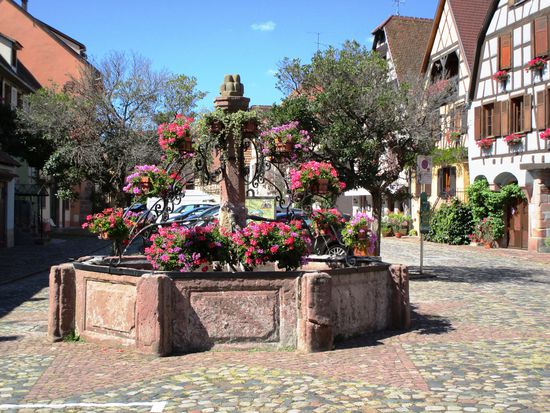 Bergheim - Sehenswert ist auch der Brunnen, aus Sandstein und Schmiedewerk, welcher von dem Wahrzeichen der Stadt, dem Berg, geziert wird.