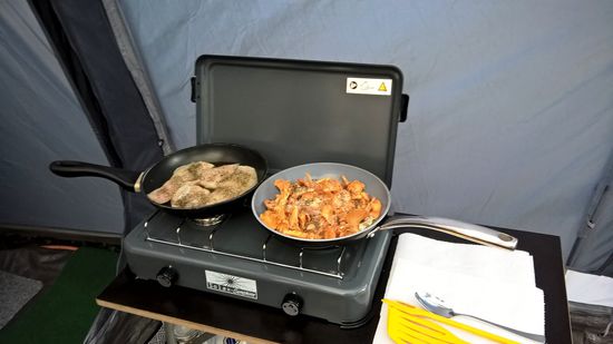 Zum Abendessen haben wir Doradenfilets, Pfifferlinge, Käse, Salat, Baguette, Wein, Trauben.