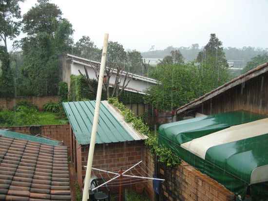 hinterhof-ansichten im subtropsichen platzregen.