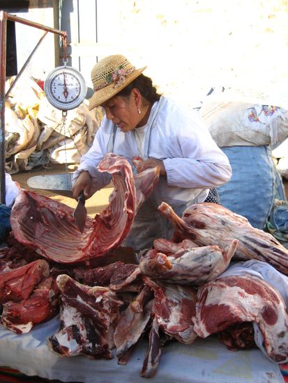 hier wird fachfrauisch ein alpaca (lama-art) zerlegt, was wirklich sehr gut schmeckt. der kittelschuerze nach zu urteilen macht sie das sehr sehr oft am tag...