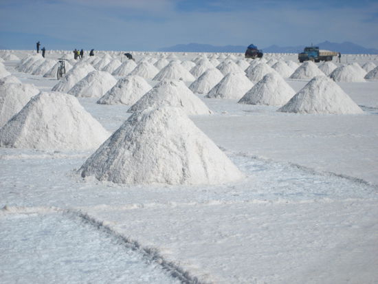 hier nun das erste bild von der wueste selbst. gemaess wikipedia (theo sagt ja nix...) ist salar de uyuni mit 12.000 quadratkilometern einer der groessten salzseen der welt. geschaetzte 10 milliarden tonnen salz gibt es hier, von den jaehrlich 25.000 tonnen abgebaut werden.