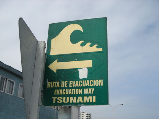 diese schilder stehen an jeder kreuzung und zeigen in richtung verg im hintergrund. klar, wohin laeuft man sonst wenn von der anderen seite ne riesen-welle kommt?!