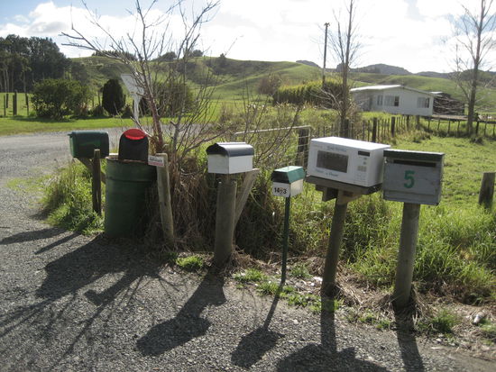 die neuseelaender sind bei der gestaltung ihrer briefkaesten sehr kreativ. hier eine kleine auswahl mit mikrowelle, doch wir haben noch viel tollere sachen gesehen wie umgebaute schiffsmotoren, alte milchkannen, kleine kindertraktoren, blechtonnen, gebastelte holzkuehe,... der zweite von links ist der supermarkt-standard-briefkasten aus plastik. wie einfallslos...