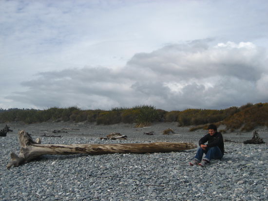 kilometerlange bucht mit kieseln und angeschwemmtem treibholz...