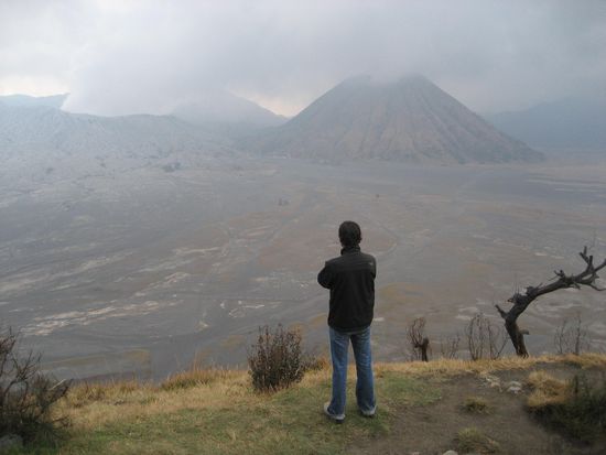 blick in die vulkanebene mit mount bromo links im bild.