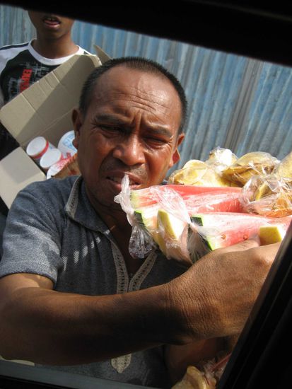 kaum aus der faehre ausgestiegen und im bus gesessen kommen echt penetrante verkaeufer, die die sachen direkt zum fenster reinstrecken oder sie dir wie auf der faehre bei anderen gesehen einfach auf den schoss legen... wir sind sicher dass die penetranz durch erfahrung gelernt wurde - sie wuerden es nicht machen wenn es nicht ab und an funktionieren wuerde...