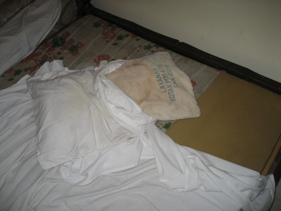 das war chris kopfkissen+matraze ohne den muffeligen bezug, der nach alten lappen roch, die zu lange feucht waren...