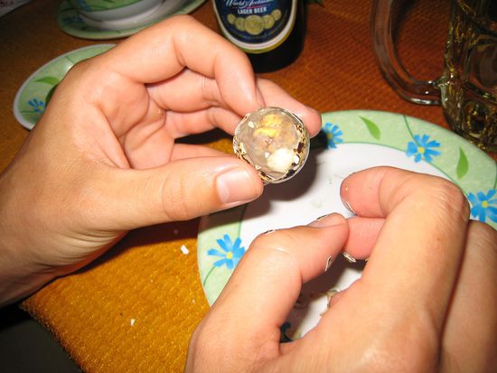 oder ein unscheinbar aussehendes wachtelei, wo innendrin noch der embryo war. linh hat viele dieser eier gegessen und gelacht, weil wir das ei vor schreck fast fallen liessen... die vietnamesen essen einfach alles....