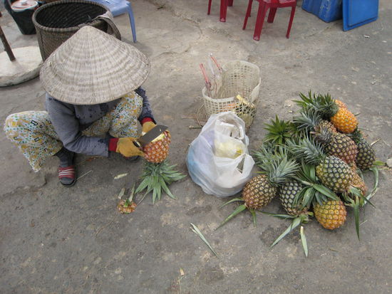 und dieses bild soll zeigen, dass wir auch ganz normale sachen hier in vietnam zu essen bekommen, wie diese frisch fuer uns geschaelte ananas