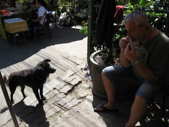 Ein Snack zwischendurch - wie immer Huenchem vom Braeter am Strassenrand.... Hier findet man dann auch ganz schnell mal neue Freunde, die darauf warten die Reste abzubekommen - gerne doch...