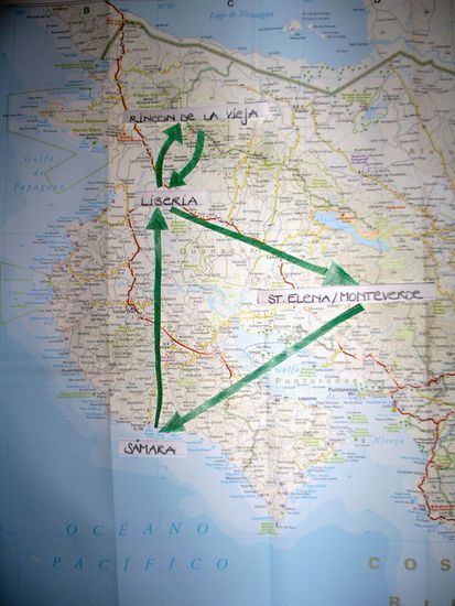 Unsere Reiseroute fuehrte zuerst nach Liberia, dann zum Vulkan Rincon de la Vieja, zurueck nach Liberia und weiter nach Monteverde.