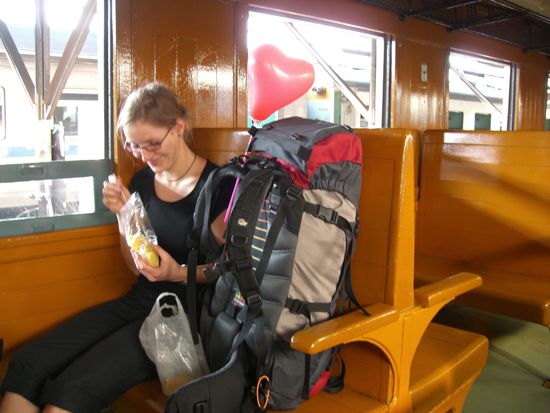 Auch hier wieder die unmissverstaendlichen Zeichen des Valentinstag. (hab ich vom Schaffner bekommen )
Ausserdem sieht man sehr schoen die Art wie Thai Obst verkaufen und Essen. fuer 20 cent eine Tuete verschiedenster Fruechte in Stuecken an jeder Stassenecke-mit Holzstaebchen dazu!