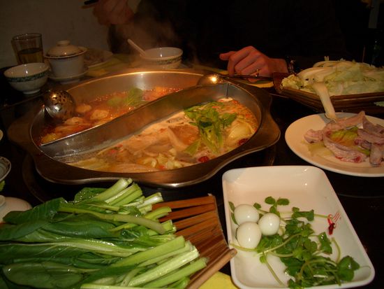 Wir hatten in einem zweigeteilten Topf zwei Brühen, die eine war sehr scharf,