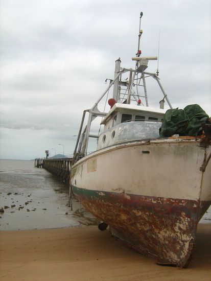 Am Bootssteg von Cardwell hat dieser Kapitaen wohl das bremsen vergessen 