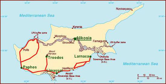 Unsere Route auf Zypern: zuerst gen Westen nach Paphos, dann ins Troodos-Gebirge zum Wandern und zu guter Letzt noch ein bisschen an den Strand im Osten.