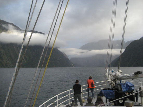 Blick in den Milford Sound, mit der langen weißen Wolke
