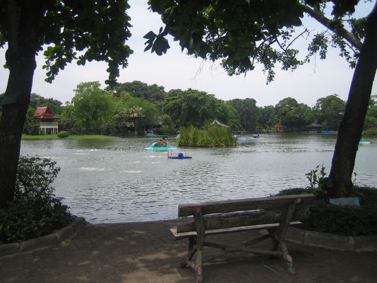 Teich im Zoo mit Tretbooten mit lauter Thailaendern drin