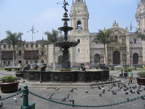 Bronzebrunnen auf der Plaza Mayor mit der Kathedrale im Hintergrund