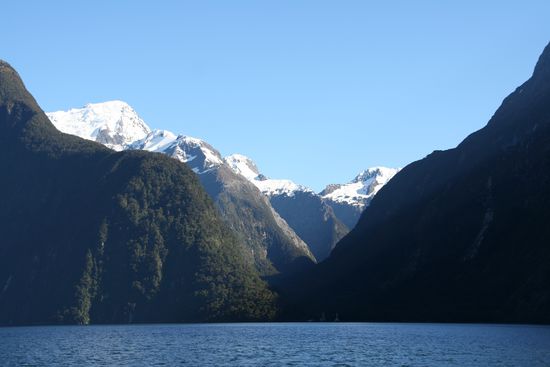 Im Hintergrund links der mit 1.692m hoechste Berg dort, der Mitre Peak