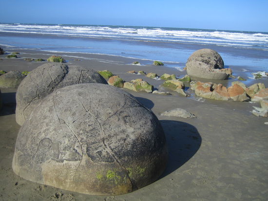 Die Moeraki Boulders in ihrer vollen Schönheit. Kleinere Exemplare findet man in den Vorgärten des Örtchens.