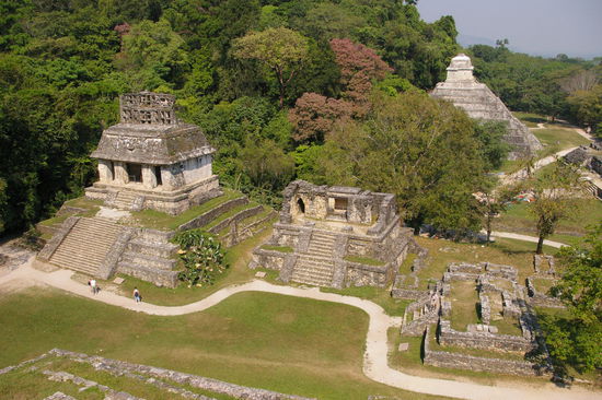 Palenque. Atemberaubende Aussicht vom Kreuztempel aus. Hinten Pakals Grab in der grossen Pyramide.