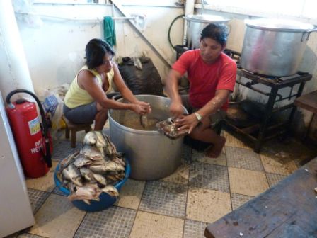 In der Küche werden Fische geschuppt