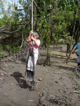 Hanna überquert den Lehmsumpf wie Tarzan.