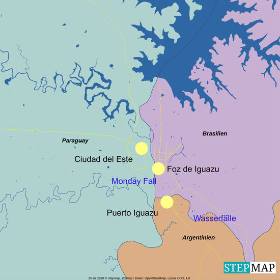 Dreiländereck, begrenzt durch den Paraná-River,der von Norden nach Süden fliesst. In Paraguay wird er gespiesen von Acaray im Norden und dem Monday-River im Suden. Vom Osten fliesst der Iguazu-River hinein.