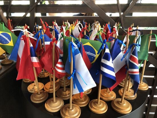 die Fahnen-Galerie beim Eingang macht den Vereinten Nationen Konkurrenz. Es macht den Touristen immer Eindruck, wenn ihre Flagge auf ihrem Tisch steht.