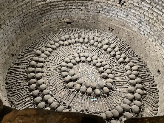 zwischen den Knochen liegen viele Münzen und sogar eine Note kann ich erkennen.