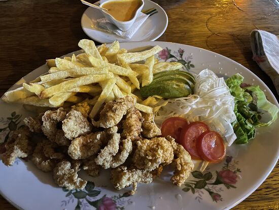 Krokodil-Nuggets mit Palmherzensalat, Tomaten und Avocado - und Pommes.