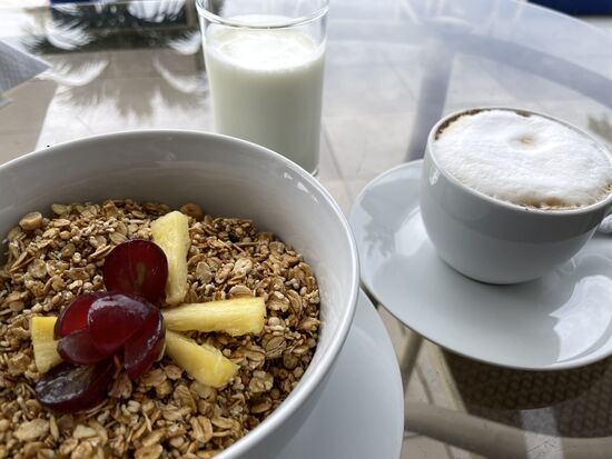 Mein Frühstück heute mit Müesli, Früchten und Yoghurt