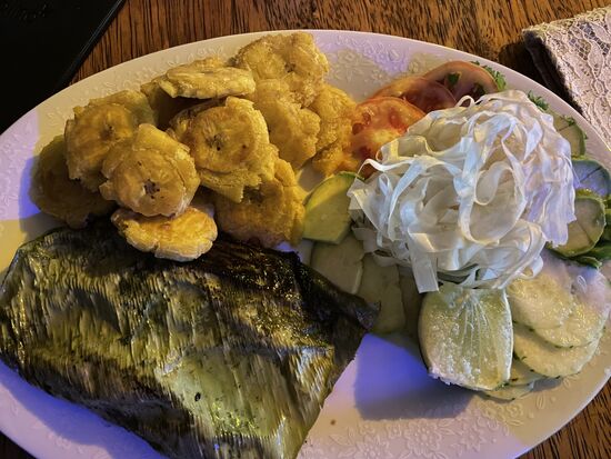 Patarasca (Jungle-Style) filete de doncella con cebolla, tomate y culantro a la parilla - servido con patacones y ensalada