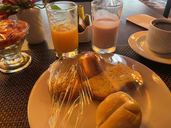 Das Frühstücksbuffet wird hygienisch verpackt angeboten, die Auswahl ist sehr beschränkt, aber es ist alles da, um mich für die heutige Fahrt zu stärken.