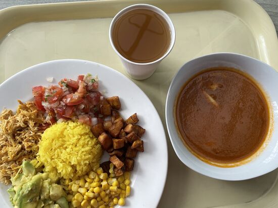 mexikanisch: Tomatensuppe mit Mozarella-Stücken
Poulet, Reis, Tomaten, Bratkartoffeln, Mais und Avocado.
