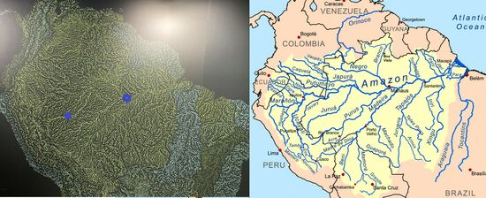 Das Flusssystem des Amazonas ist das grösste der Welt. Das Foto links habe ich im Museum gemacht. Die Städte Iquitos und Manaus habe ich selber eingefügt. 
Das Bild rechts stammt aus Wikipedia.
