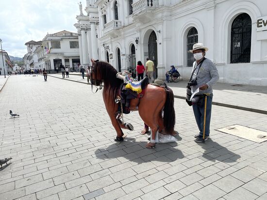 Er lässt die Kinder auf sein Plastikpferd steigen zum fotografieren