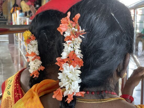 Jasminblüten im mit Kokosöl eingeölten Haar