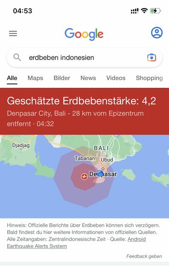 Da war doch noch was.... Eines Morgens, ich war wie oft um diese Zeit halbwach, da rüttelte mein Bett kurz. Es fühlte sich an, als ob ein Hund oder eine grosse Katze auf mein Bett gesprungen wäre. Ich war etwas irritiert, da meine Balkontüre offen war und suchte zuerst das Zimmer ab. Dann fragte ich Google und tatsächlich, da war doch ein Erdbeben ganz in der Nähe... War aber dann nirgends ein Gesprächsthema, kommt hier wohl öfters vor.