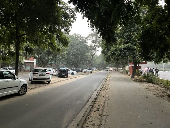 In den breiten Zonen neben den 2-3-spurigen Strassen: breiter Radweg, Zufahrtsstrasse zu den Parkplätzen, Bäume, Grünflächen, wenn keine Parkplätze da sind.