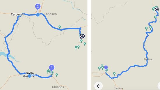 Meine Strecke im Vergleich mit dem direkten Weg. 450 oder 220 km sind schon ein Unterschied. Statt 2-3 Stunden dauert meine Fahrt 8 Stunden.