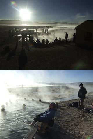 Anders als viele andere Touris, die sich gleich in das ca. 35Grad warme Wasser stuerzen, scheuen wir ein wenig den kalten Schock danach und goennen ledglich unseren Zehen den feuchtwarmen Traum!