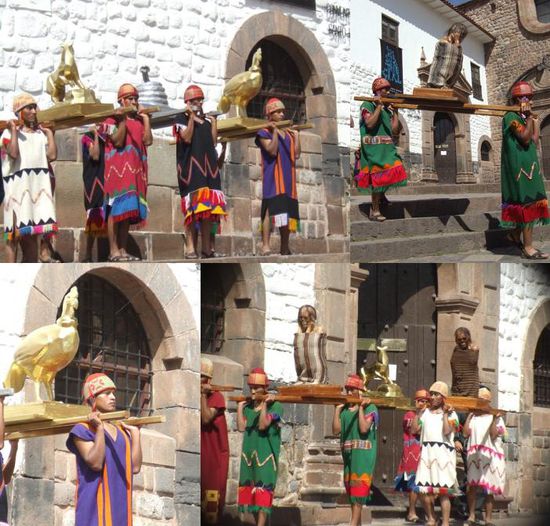 Links oben: Puma, Schlange, Kondor
Selbst die Mumien ehemaliger Incaherrscher wurden regelmaessig mit Speis und Trank "versorgt", denn die Inca glaubten an Reinkarnation, entsprechend wichtig war die Verehrung der Toten