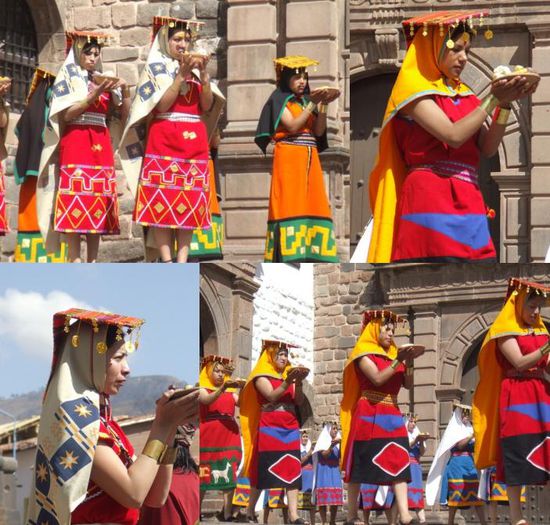 Die Sonnenjungfrauen, Dienerinnen und Konkubinen des Inca, bringen der Sonne ihre Opfer dar, u.a. Mais, Brot,...