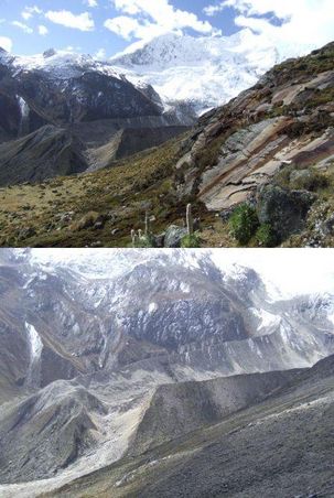 Die gewaltige Kraft des Wassers riss massige Felsbloecke und tonnenweise Geroell mit sich und ueberflutete das Cojup Tal. Sogar ein Teil des weit entfernten Huaraz wurde bei dieser Naturkatastrophe zerstoert, wobei auch viele Menschen ums Leben kamen